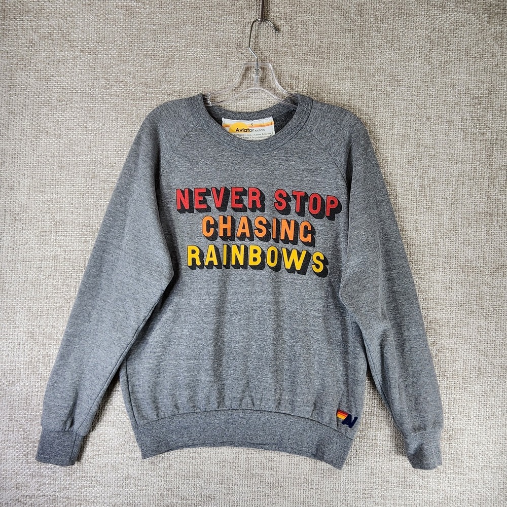 Aviator Nation Sweatshirt Never Stop Chasing Rainbows Graphic Unisex S Gray